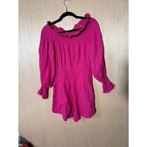 Trina Turk Barbie Resort Out of Office Pink Off Shoulder Smocked Romper Women's